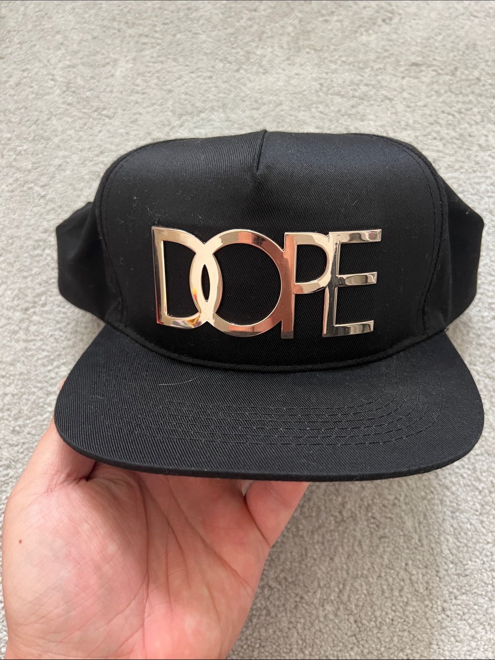 Black DOPE Snapback Hat with Rose Gold Metal Logo